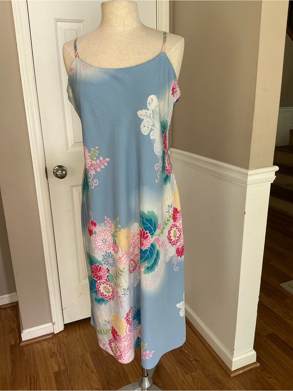 Natori Sky-Blue Floral Maxi Slip Dress